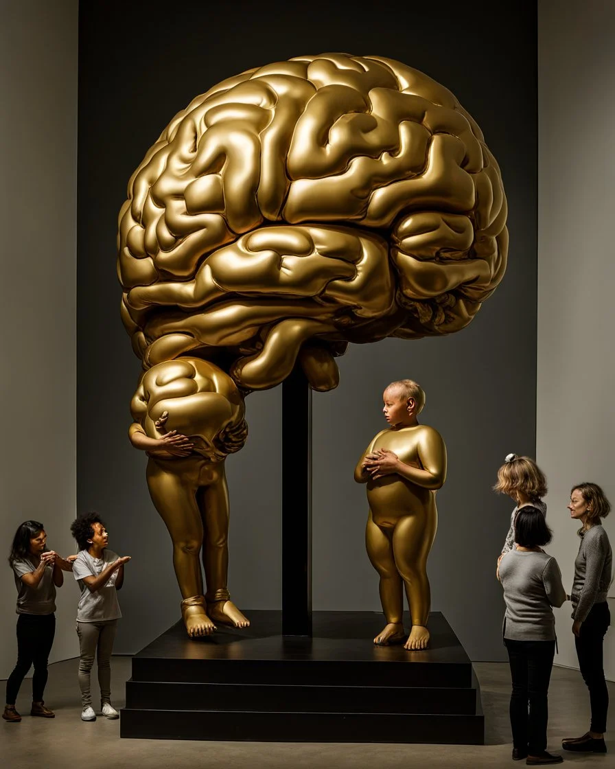 a huge golden inflated sculpture of brain supported by very small beautiful Asian female human bodies, Communist propaganda slogan banner,complex surgical instruments,a newborn boy between light and shadow, black background,surrealism, symbolism, minimalism, sculpture by Lucian Freud, Rene Magritte, Salvador Dali