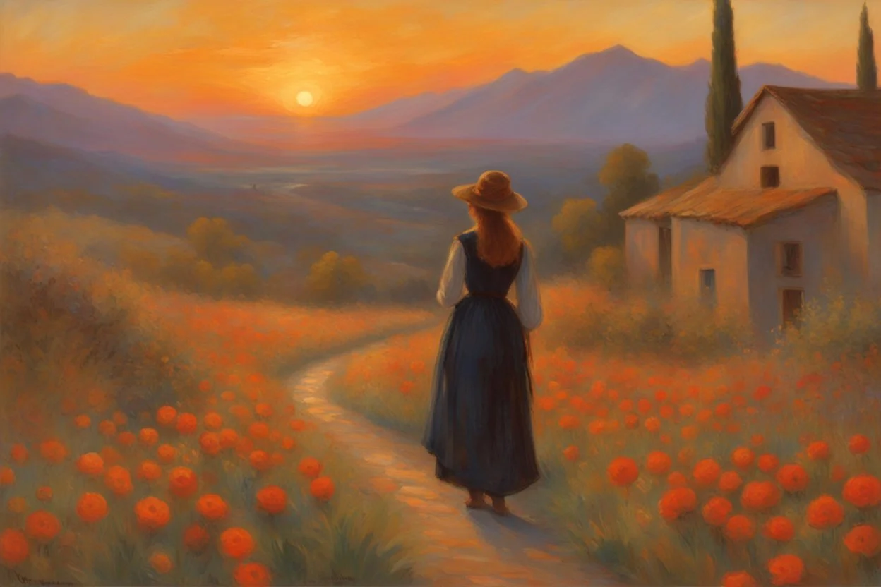 beautiful sunset, one woman looking a flowers, mountains, pathway, witchcraft influence, rodolphe wytsman, jenny montigny, and friedrich eckenfelder impressionism paintings