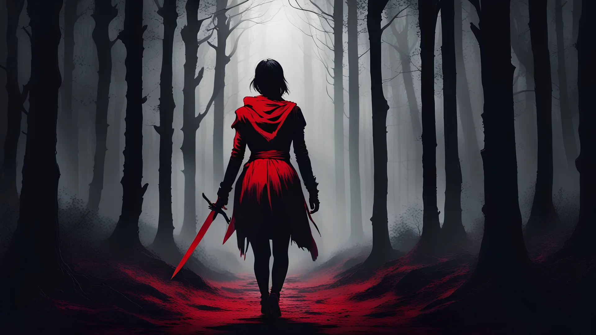 woman seen from behind, walking into a dark forest, with a dagger in hand, black and red image