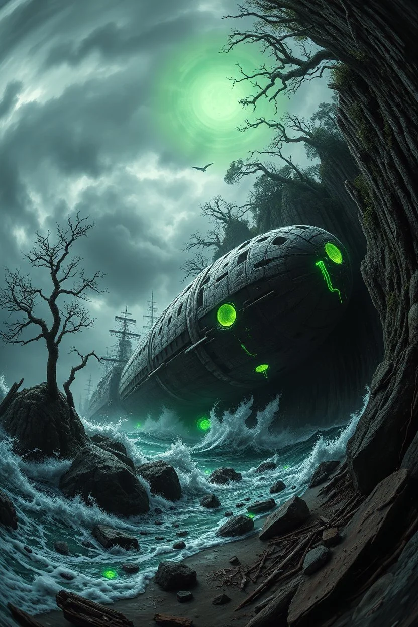 in the style of Fisheye lens. detailed close-up concept art of a Lovecraftian horror, chthon island featuring a decaying a ufo starship green light Focus on gnarled trees around rocky cliffs, with the a ufo starship showing deep cracks and glowing substance oozing from them. Include hints of nightmarish creatures beneath turbulent waters. The stormy sky casts an eerie and green glow, with shipwreck debris and ancient ruins scattered on the shore to emphasize the sense of dread and abandonment