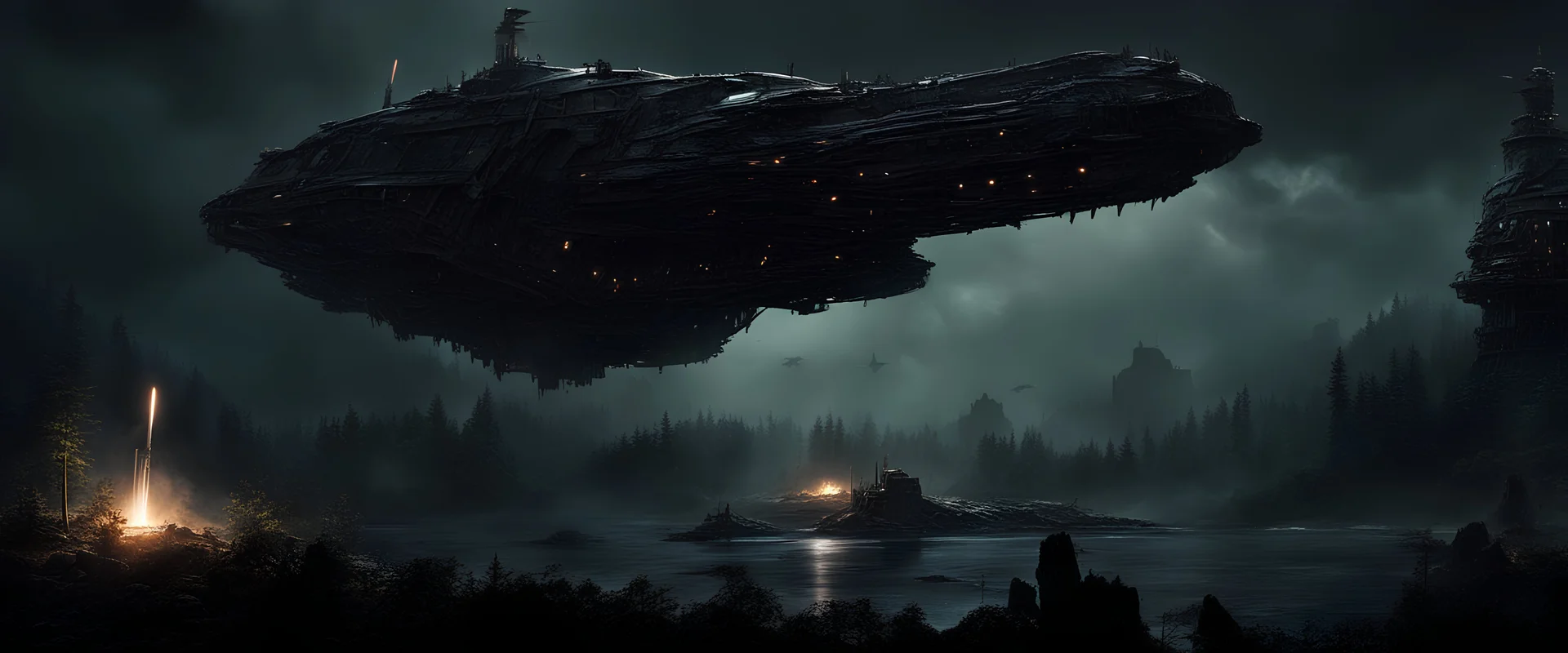 It's a dark night in the forest. It's raining. A huge spaceship is slowly moving 100 metres above the ground . It's a monstrous dreadnought like battleship. it is scarred by a thousand battles. it's many turrets are glowing from all the shots they fired. Its menacing arrow-like shape is glowing from its protective shield. a number of smaller craft are circling in a protective pattern. the ground is strewn with debris and craters and the remains of a bombed out city.