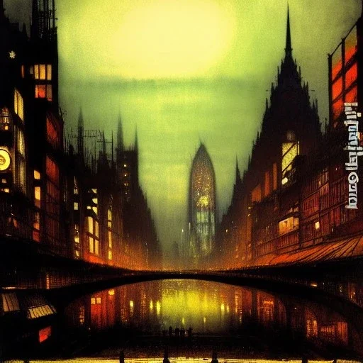 Metropolis Skyline ,dark colours, watercolor, volumetric, macro photograph , by john atkinson Grimshaw, detailed painting,matte painting, alphonse mucha, greg rutkowski