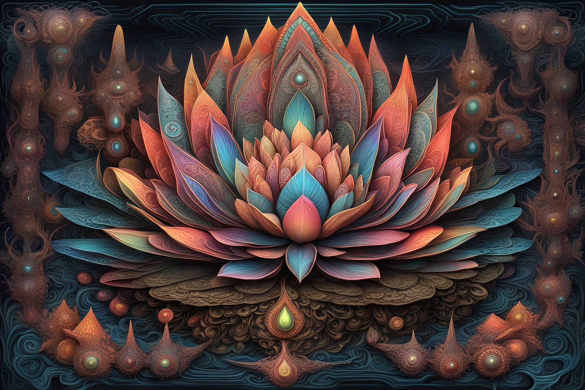 Expressively detailed and intricate 3d rendering of a hyperrealistic “lotus”: front view, symetric, dripping neon colorful paint, tribalism, ethnic ornaments, shamanism, cosmic fractals, dystopian, dendritic, stylized fantasy art by Kris Kuksi, mati klarwein, artstation: award-winning: atmospheric: commanding: fantastical: clarity: 16k: ultra quality: striking: brilliance: stunning colors: amazing depth: masterfully crafted.