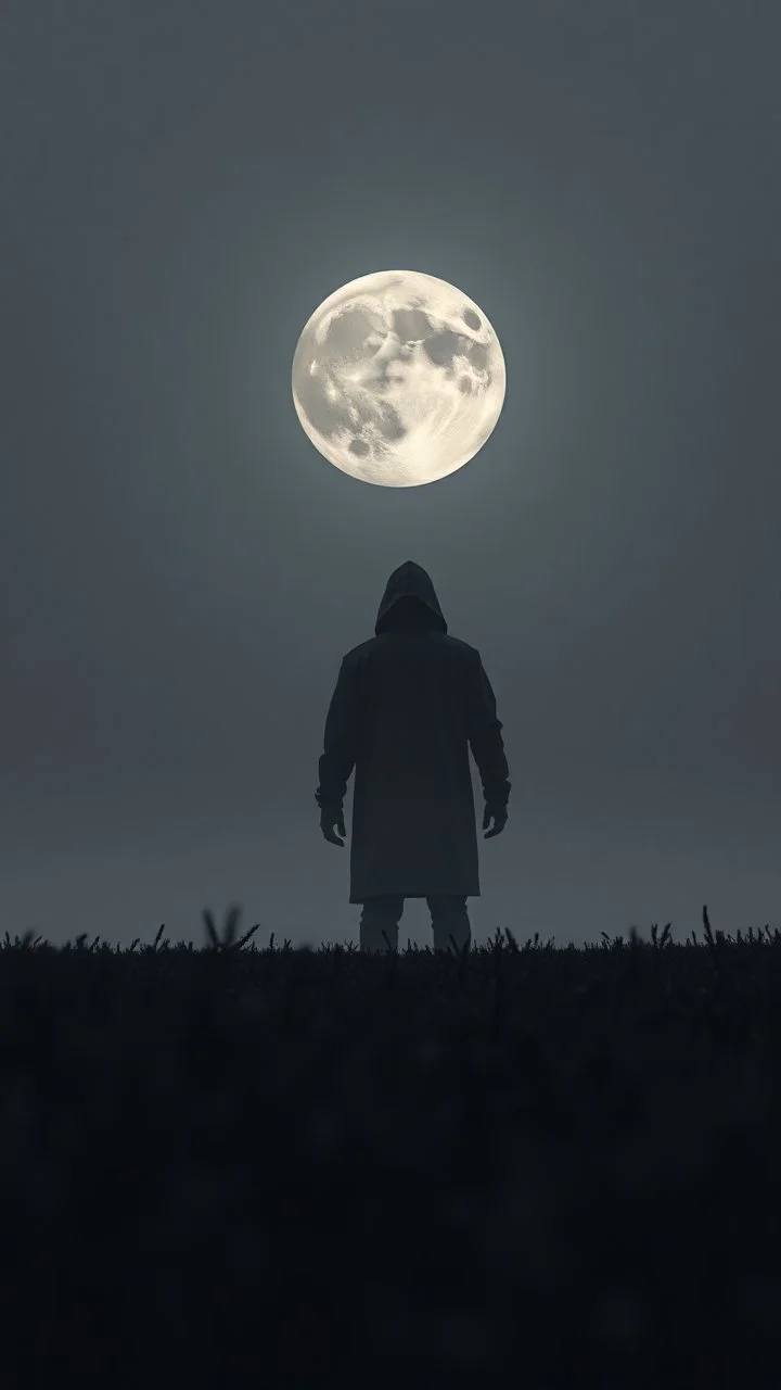 A field of random people at the end of the picture gray background an giant dark shadow of hooded human figure standing in under blurry moon cinematic, 8k
