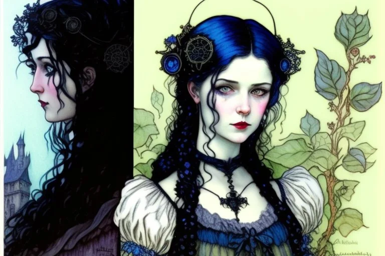 Gothic portrait of a young woman in the style of Arthur Rackham and Norman Rockwell. She has dark blackish blue hair and there are blueberry plants around her. Piercing blue eyes. Steampunk Wednesday Adams