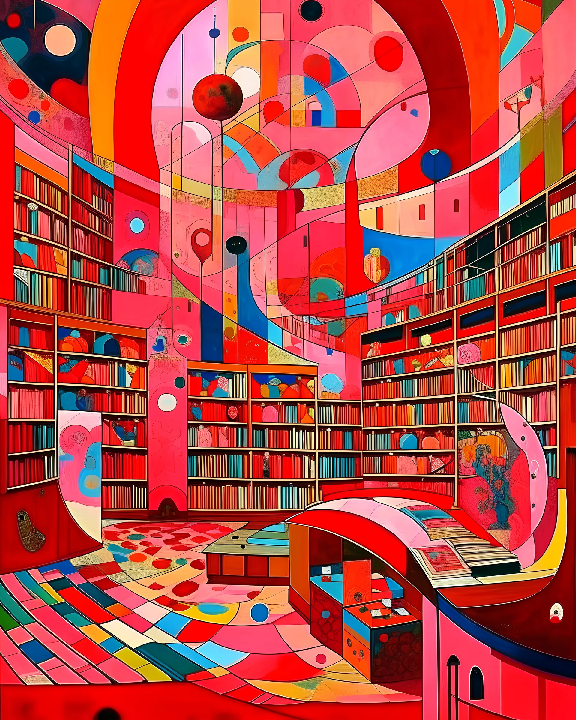 A library filled with pink magic painted by Wassily Kandinsky