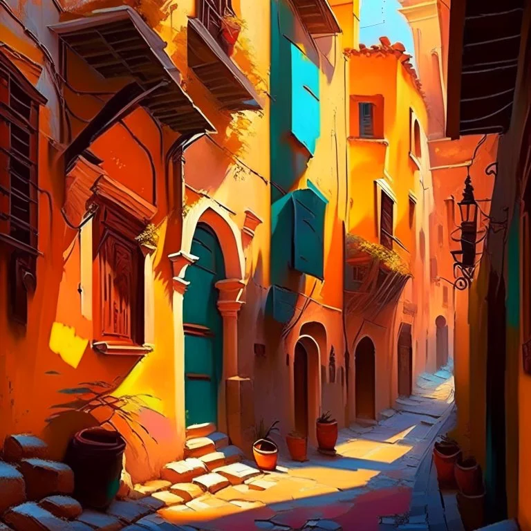 Paint an ancient city with narrow streets and old buildings. Use warm and bright colors to create a sense of nostalgia