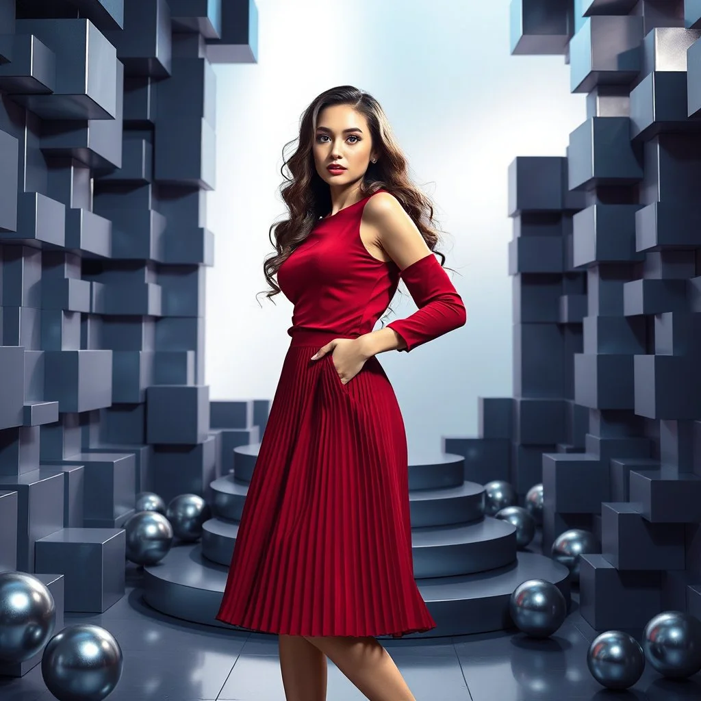 make a picture pretty stage made of metallic blue-gray teme 3d recursive cubic and sphere base structures and a beautiful fashion model lady posing with cute in black and white and the scene is in color,with dark red top and pretty pleated midi skirt ,makeup curvy long hair,dynamic camera zoom to full body and pan, dynamic lights.