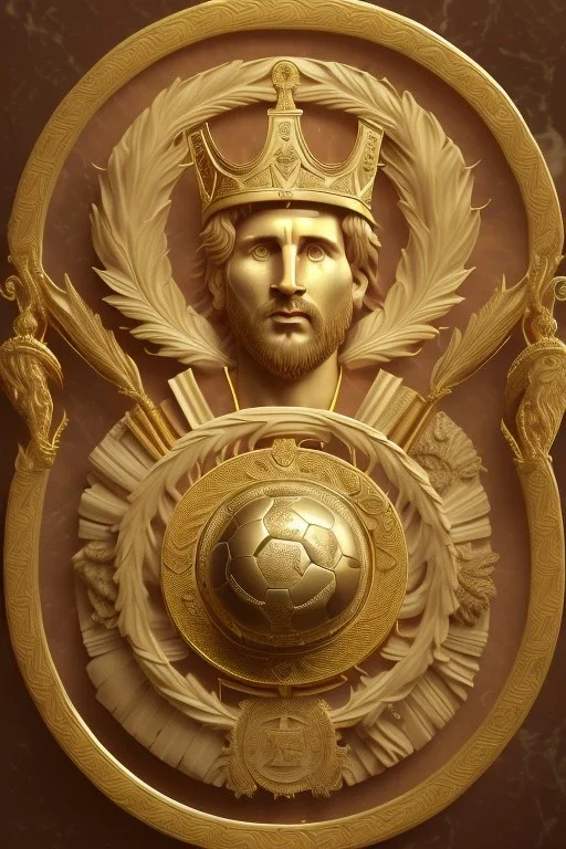 Ultra Realistic image, Roman sculpture, white marble material, Lionel Messi, gold Laurel leaves wreath, god crown, renaissance ornaments, one gold star in heart, sun ornament, sun rays background, chisel style, waist up portrait, emperor style, epic, celestial, cinematic lighting, God light, god rays, 4k resolution, smooth details, ornate details, soft lighting, unreal engine 5, art station, substance 3d.