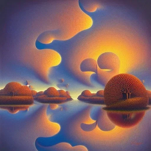 fractals in a human, Beautiful cloudy polluted sunset skies,reflections, Jacek Yerka, soft focus