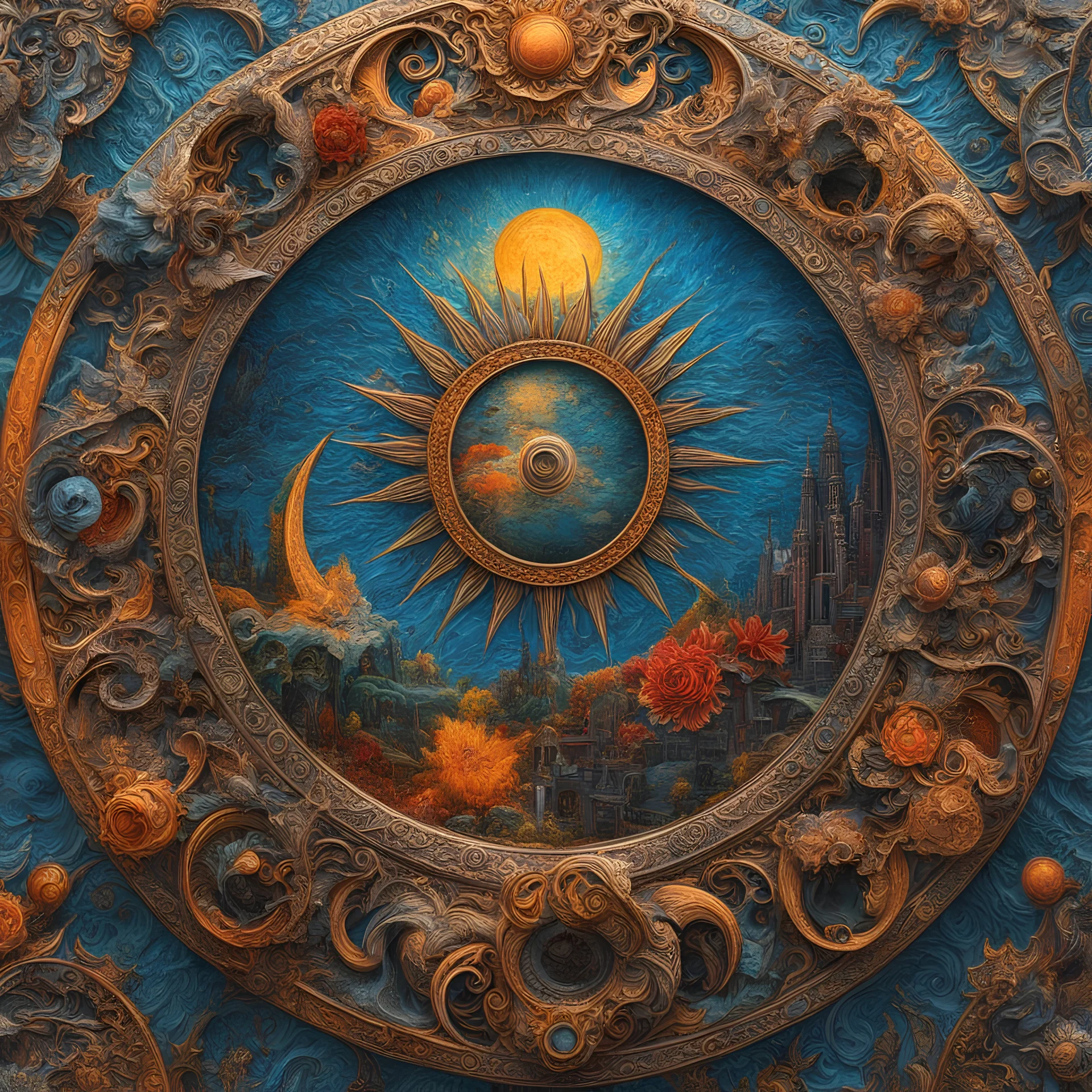 Apocalypse, sun and moon, Max Ernst style, sharp focus, 8k, 3d, very detailed, very colorful, ornate, grim, fine art, 35mm, F/2.8, insanely detailed and intricate