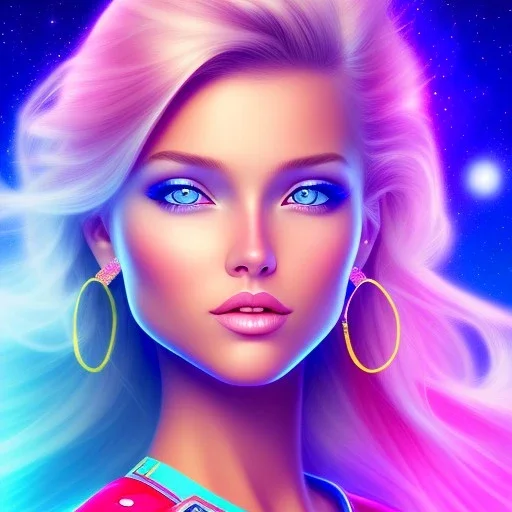  beautiful girl, smiling, longs and blonds hairs,blue eyes , realistic, pink turquoise light and stars