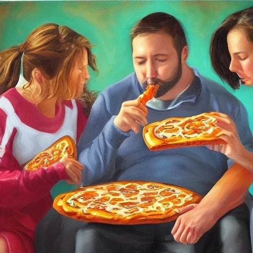 three people eating pretzel pizza,oil painting style