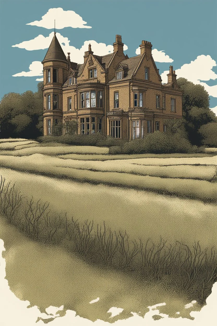 Disused, Victorian Manor House, Blue Sky, Over-Grown Fields, Vector Art