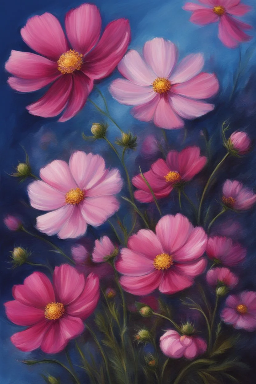 Cosmos flowers in blue and pink to be used on a business card, realistic beautiful, thick oil paint