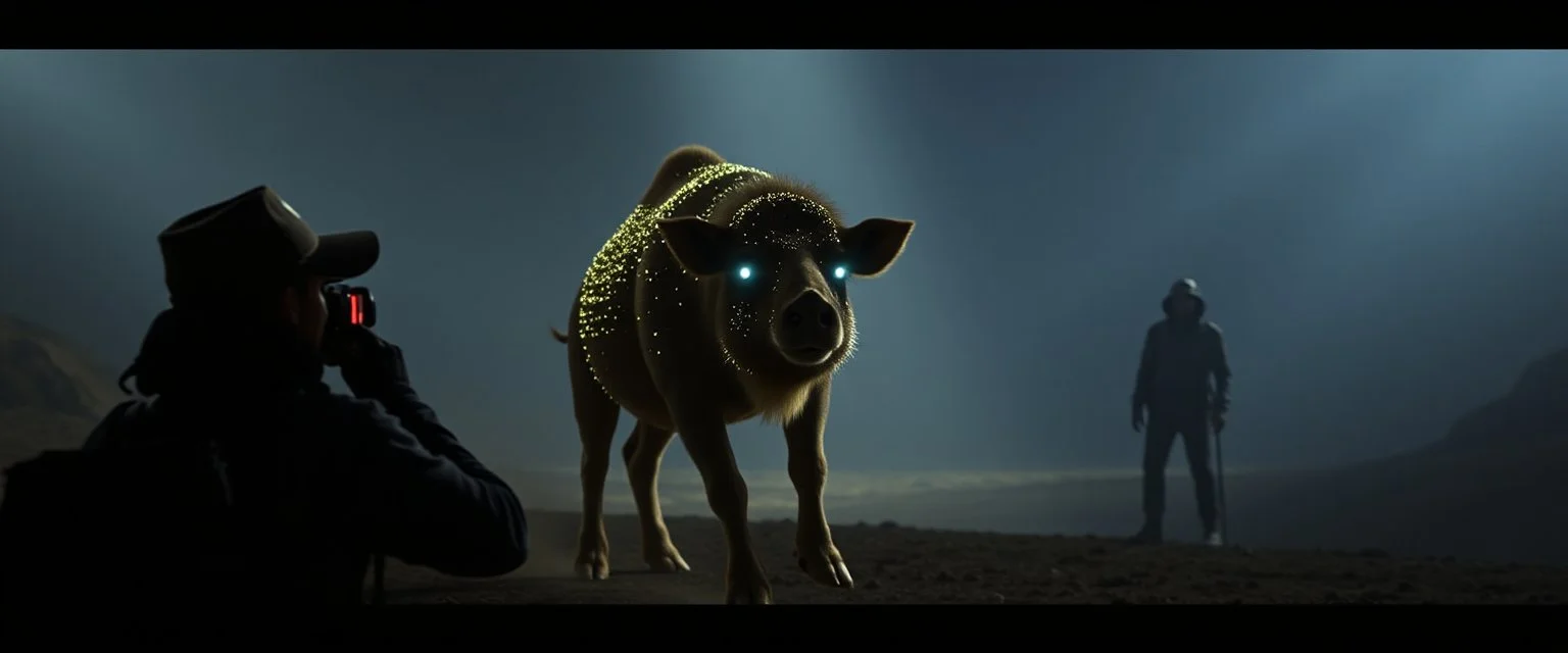 in aula: showing slides of a Climax / Camel Pig Reveal (2:30–3:30) Final still(s) show Camel Pig entering the scene fully Large, glittering humps, disco-ball eyes, dramatic lighting Explorer reacts (gesture / silhouette) Music peaks, maybe a slight slow-motion pan across the Camel Pig