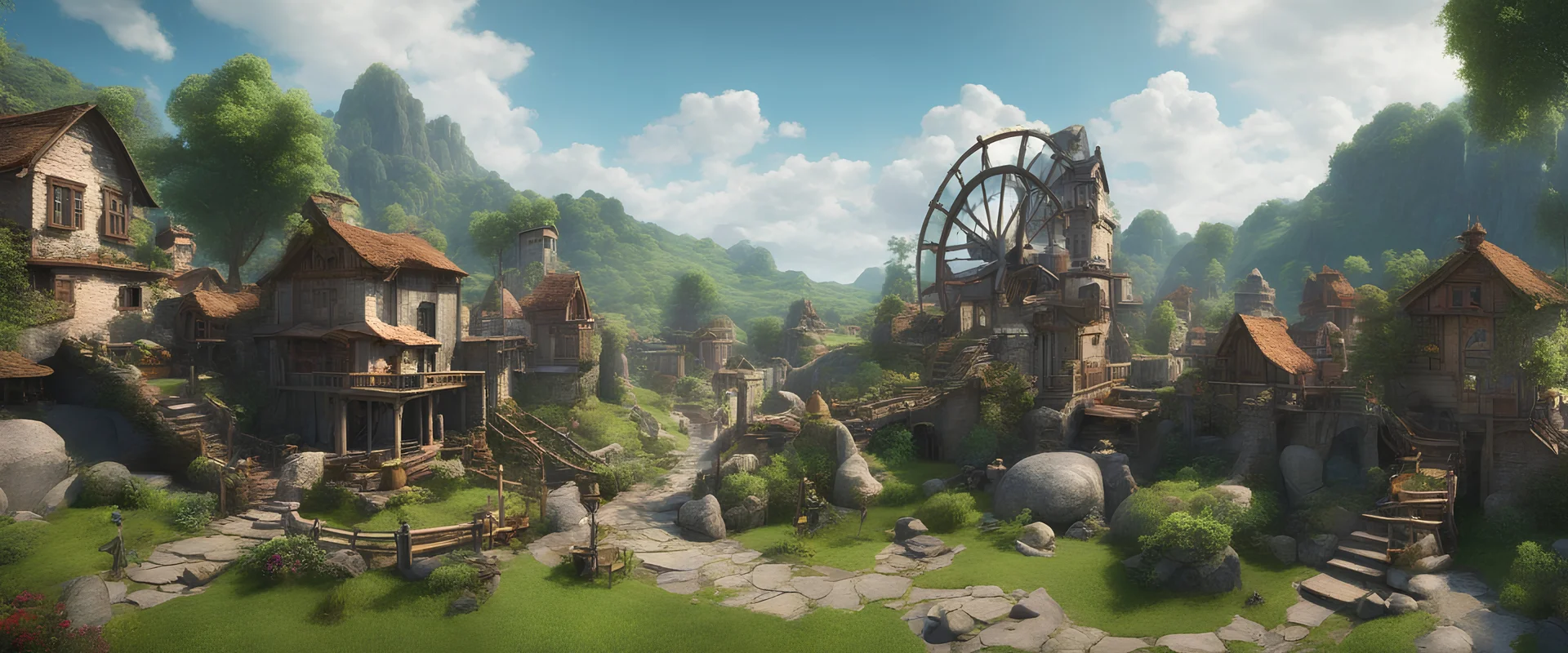 An outdoor surrealist market in a beautiful surreal outdoor countryside summer scene with hills, interesting dwellings, pathways, stairways, waterfalls, & a waterwheel : very high detail, photorealistic, epic cinematic, 8K, Large depth of field