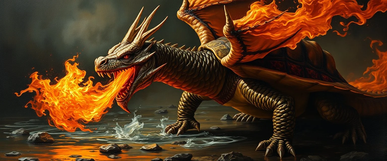 master oil painting by Rembrandt, good afternoon turtle dragon with fire breath