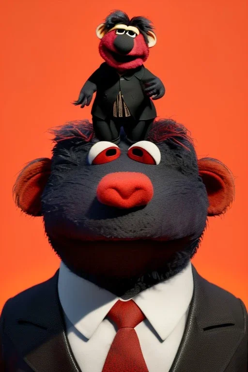 Waist up muppet Portrait, Kim Jong-un as muppet doll, black suit, photo studio, red background, unreal engine 5, concept art, art station, god lights, ray tracing, RTX, lumen lighting, ultra detail, volumetric lighting, 3d.