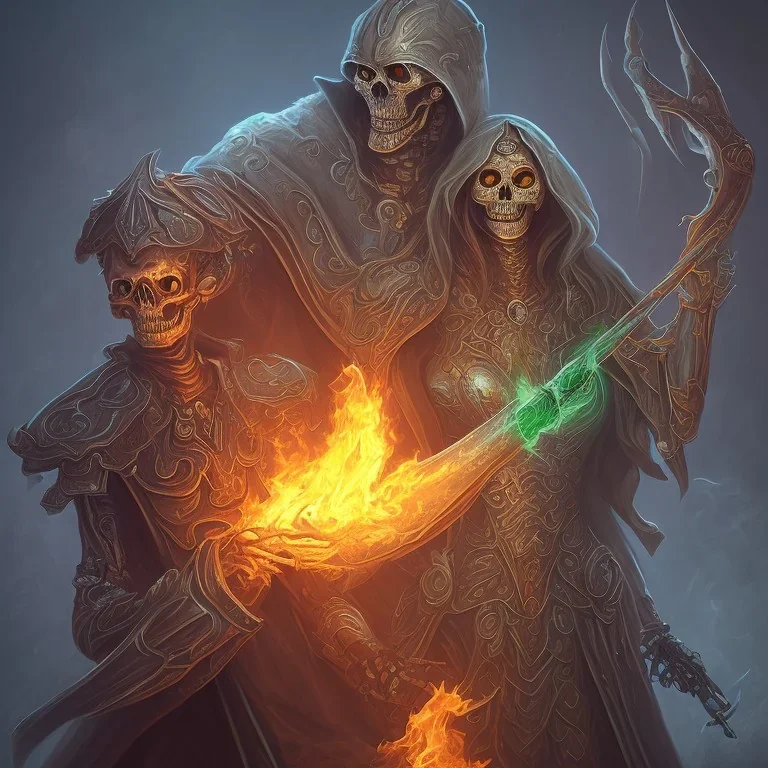 a flaming skeleton lord with a green flaming sword and a girl laying under his feet