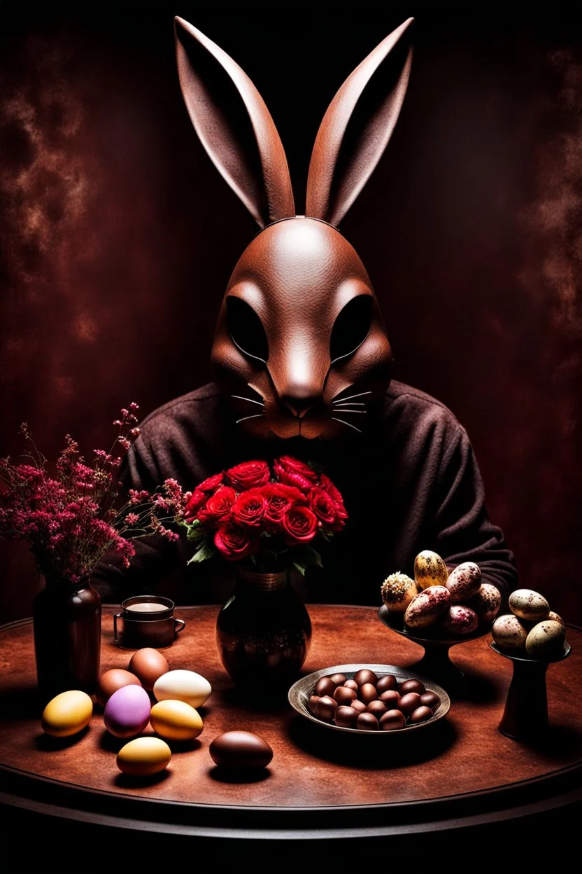 horror figure in rabbit mask sitting on the floor and eating chocolate, around chocolate eggs, brocken glass vase with flowers, volumetric light, dark colors, surreal dark mood, detalied, cinematic