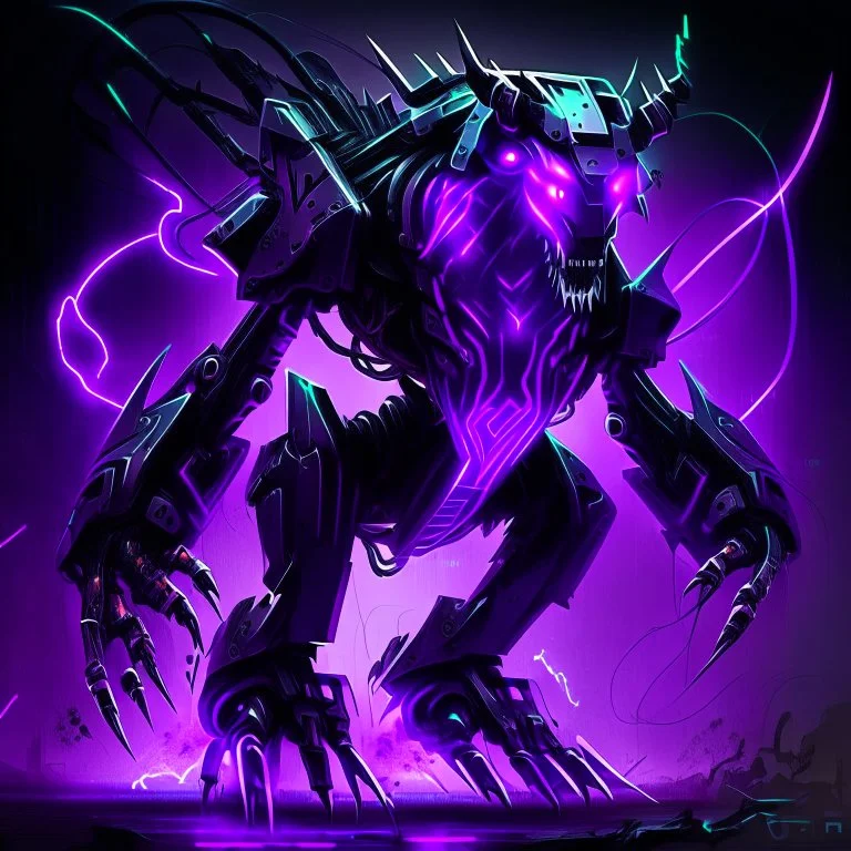 black and purple neon quadrupedal menacing looking geometric robot