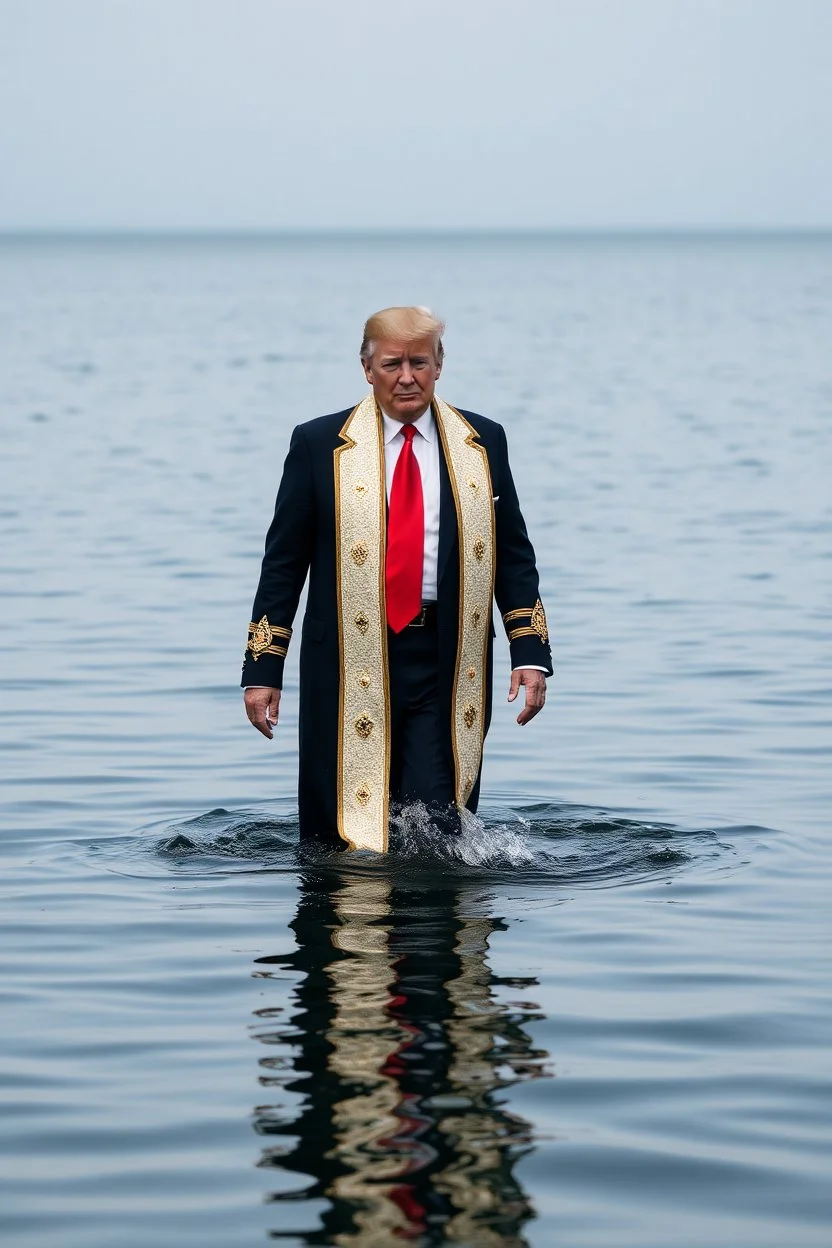 donald trump walking on the surface of water dressed as royalty frontal view