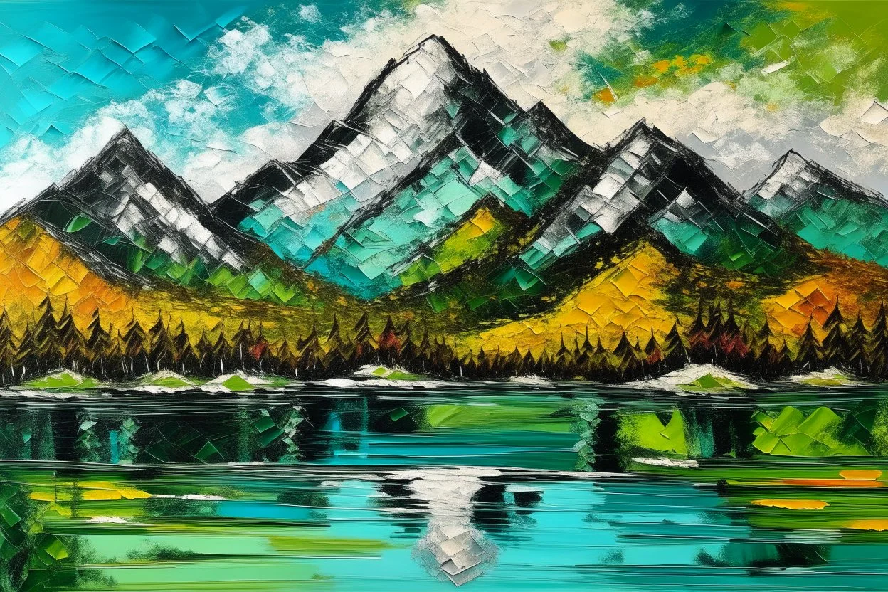 Spring in the Mountains... Prompt: a painting of a mountain during spring, with reflective accents, abstract lake, variety of textures