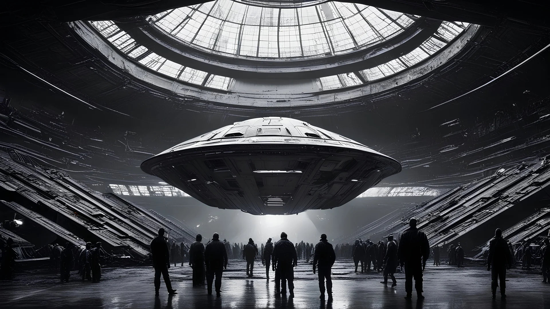 futuristic large spaceship landing inside dark, wet, mysterious huge old futuristic sci-fi hangar, very high ceiling, photographic, black and white, dune movie, many people watching