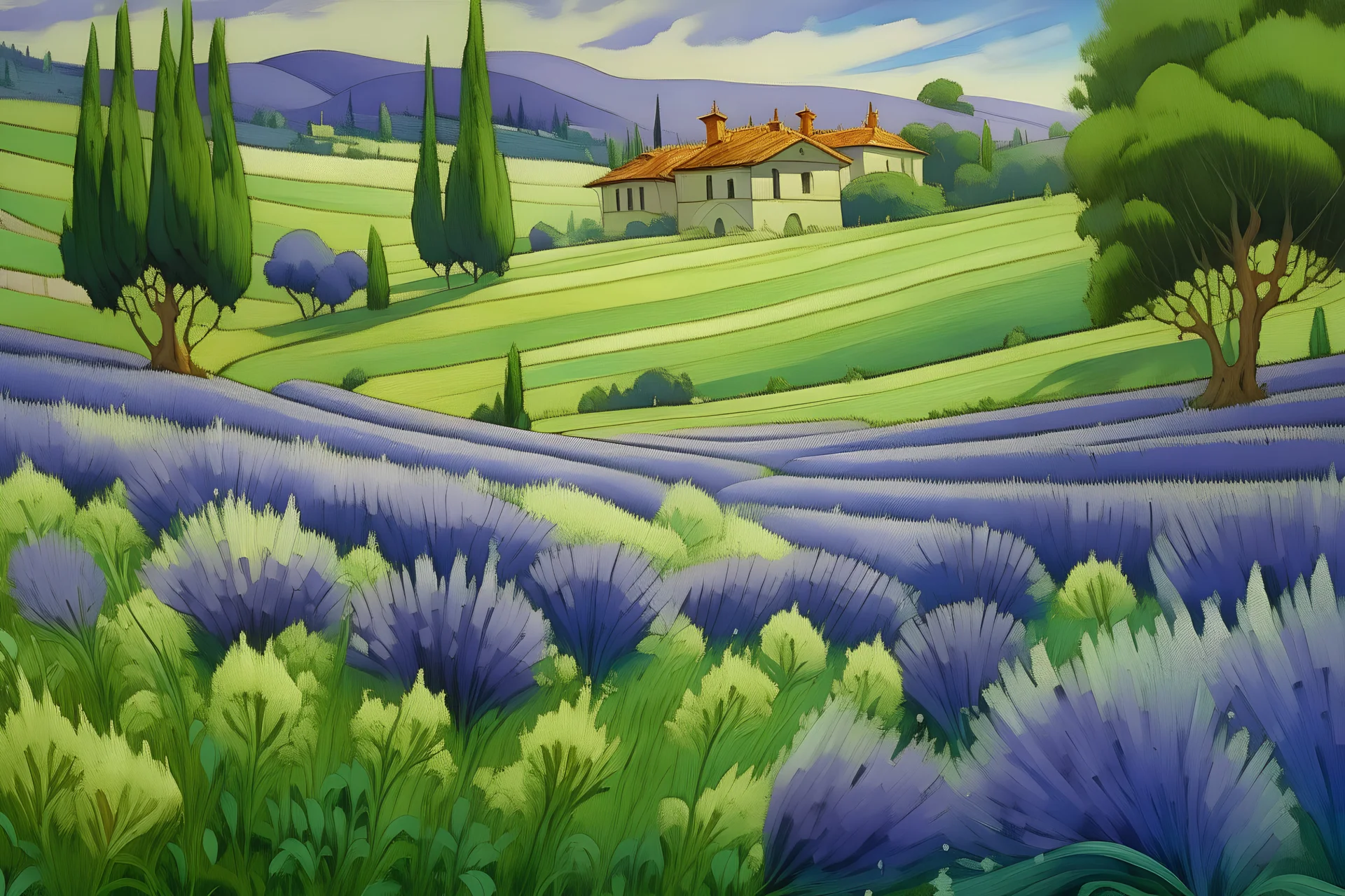 toscana acores beautiful lavendula fields masterpiece painting in studio ghibli style in hayao myazaki style