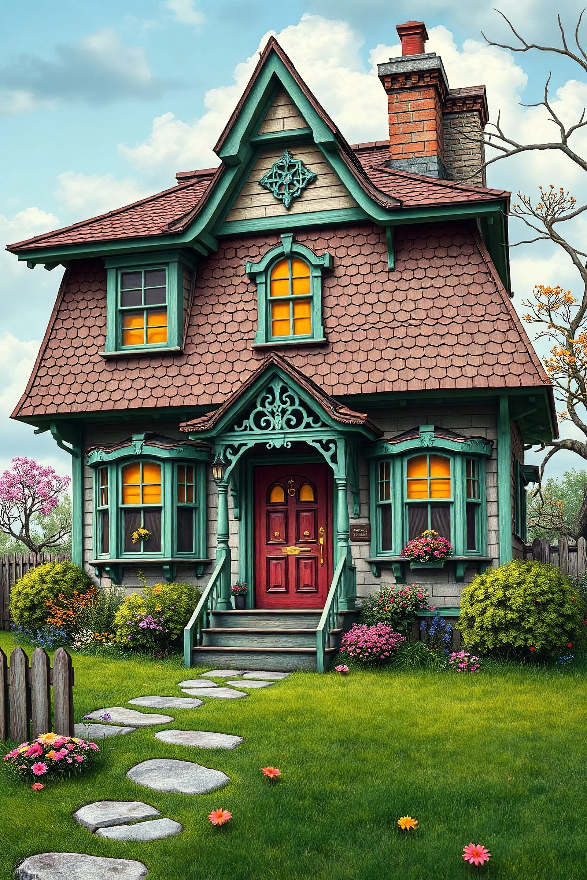 full color detailed image of an vintage whimsical house