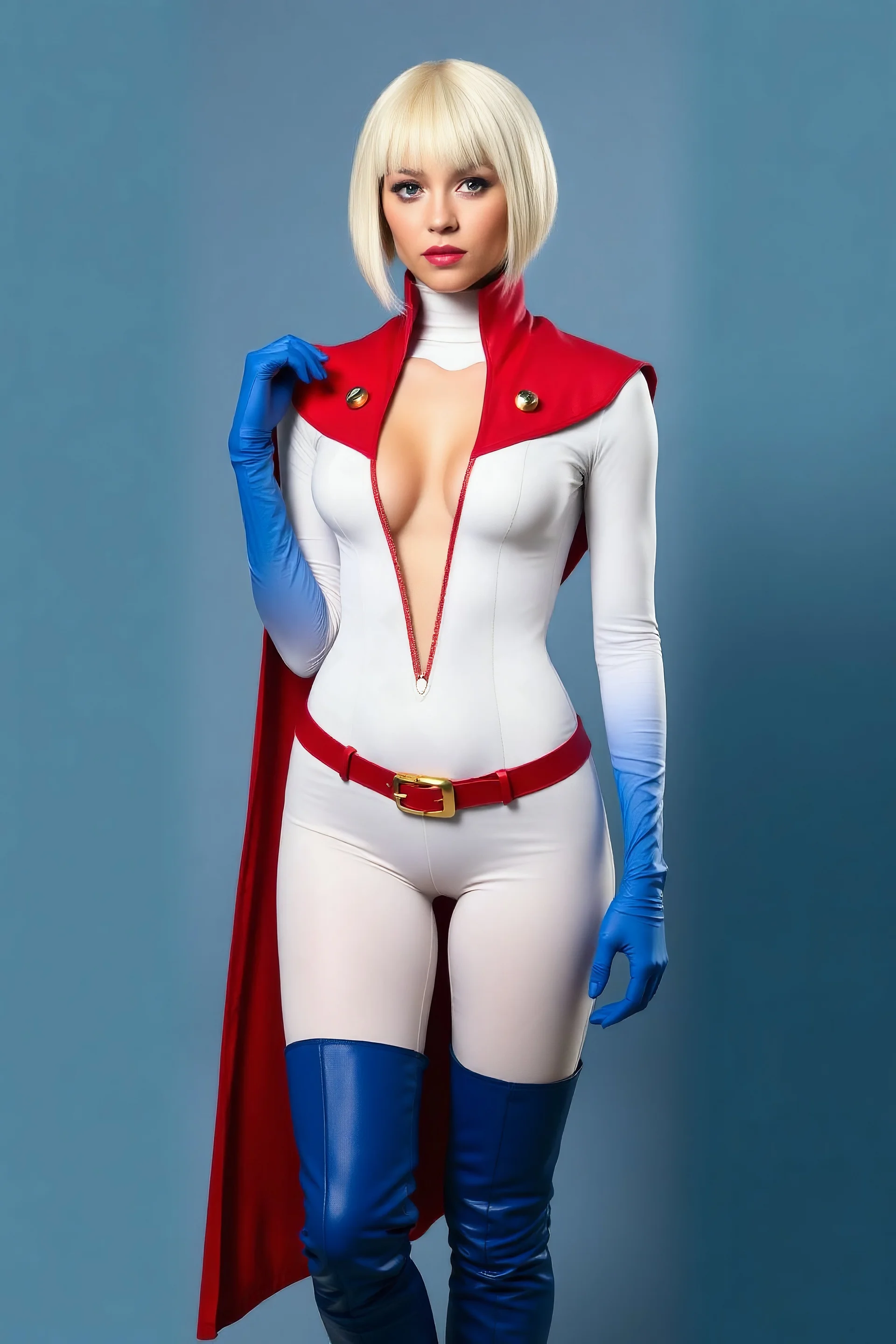 platinum blonde headed woman, crew cut style, wearing an extremely, extra short, skintight, formfitting long-sleeved, white bodysuit with a high collar and a plunging neckline, blue elbow-length gloves, a red belt with a gold buckle, a red collerless cape, knee-high blue boots