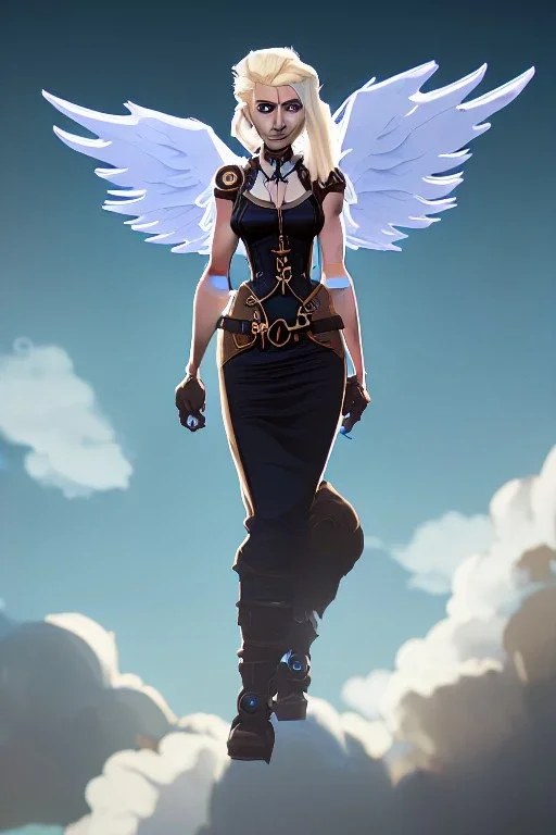 blue sky billowing clouds, blonde steampunk angel in a gown, majestic