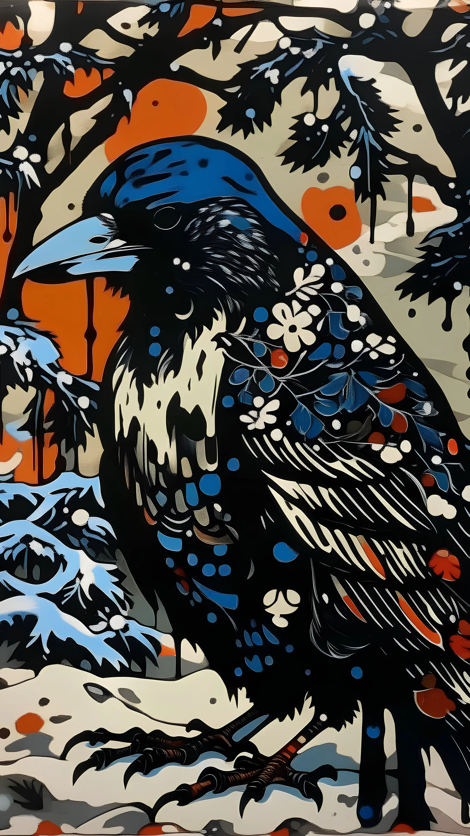 A contemporary serigraphy portrait by Matisse and Kunisada of a crow dressed with a punk leather jacket within a snowy Christmas atmosphere.