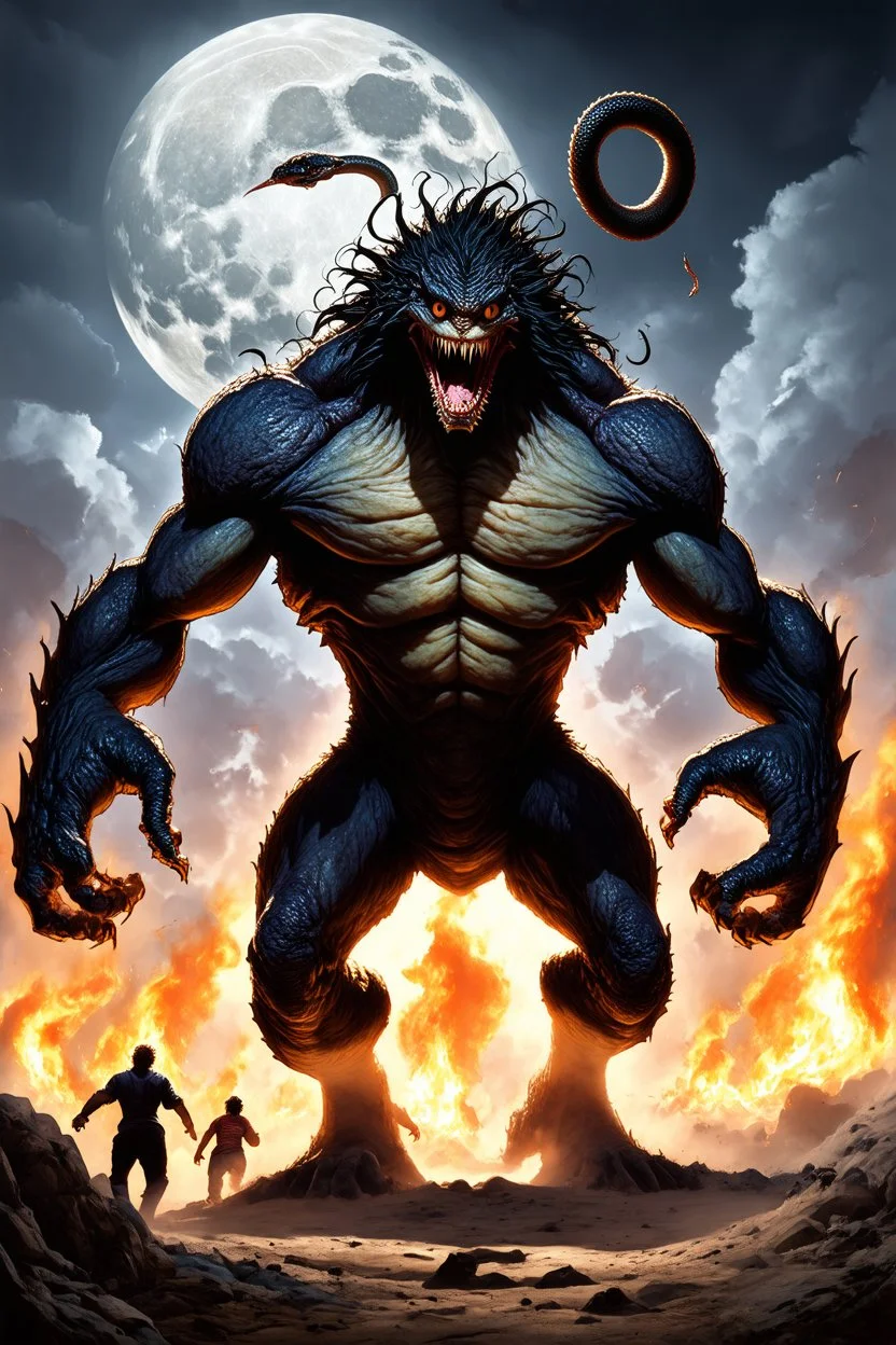 big monster on cuty, giant humanoid, 4 arms, one only eye, long black haired and snakes, fire, moonlight, destruction, bones, destruction, gore, people runing and hide, dakness