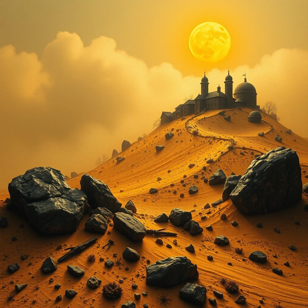 A wasteland with village on the top of a hill, creepy, details of the dust very accentuated, glossy organic mass, adorned with minerals and rocks. Decal, bas-relief. Bathed in intense light, eerie, Max Ernst style, black sun, fog