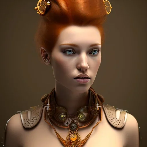 head and shoulders portrait of a beautiful steampunk women with ginger hair, 8k resolution