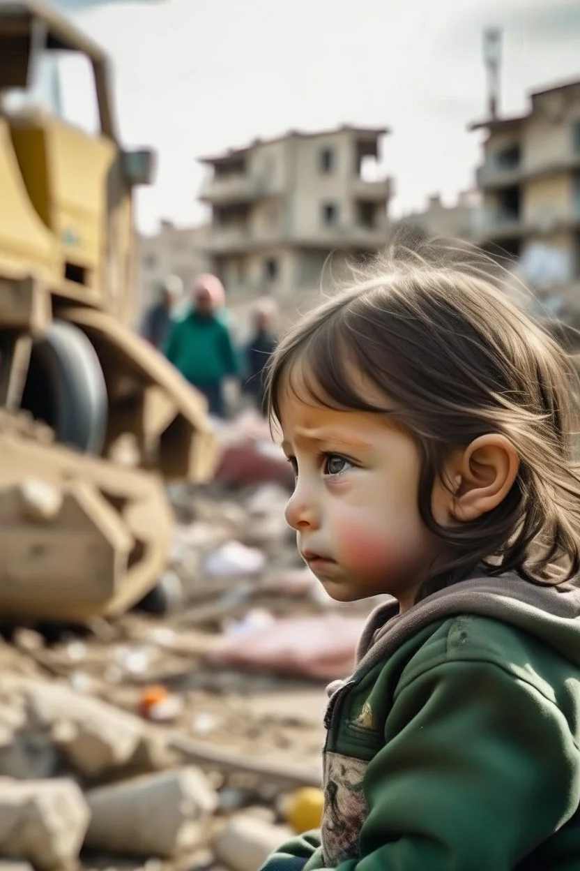 side view to palestinian little girl looking at her toy with tears and Destroyed buildings in the background