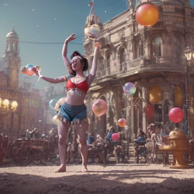 Ultra realistic circus scene. Classic acrobat woman, waist up view, Wes Anderson style, happy, bubbles, highly detailed, concept art, unreal engine 5, god rays, ray tracing, RTX, lumen lighting, ultra detail, volumetric lighting, 3d, finely drawn, high definition, high resolution.