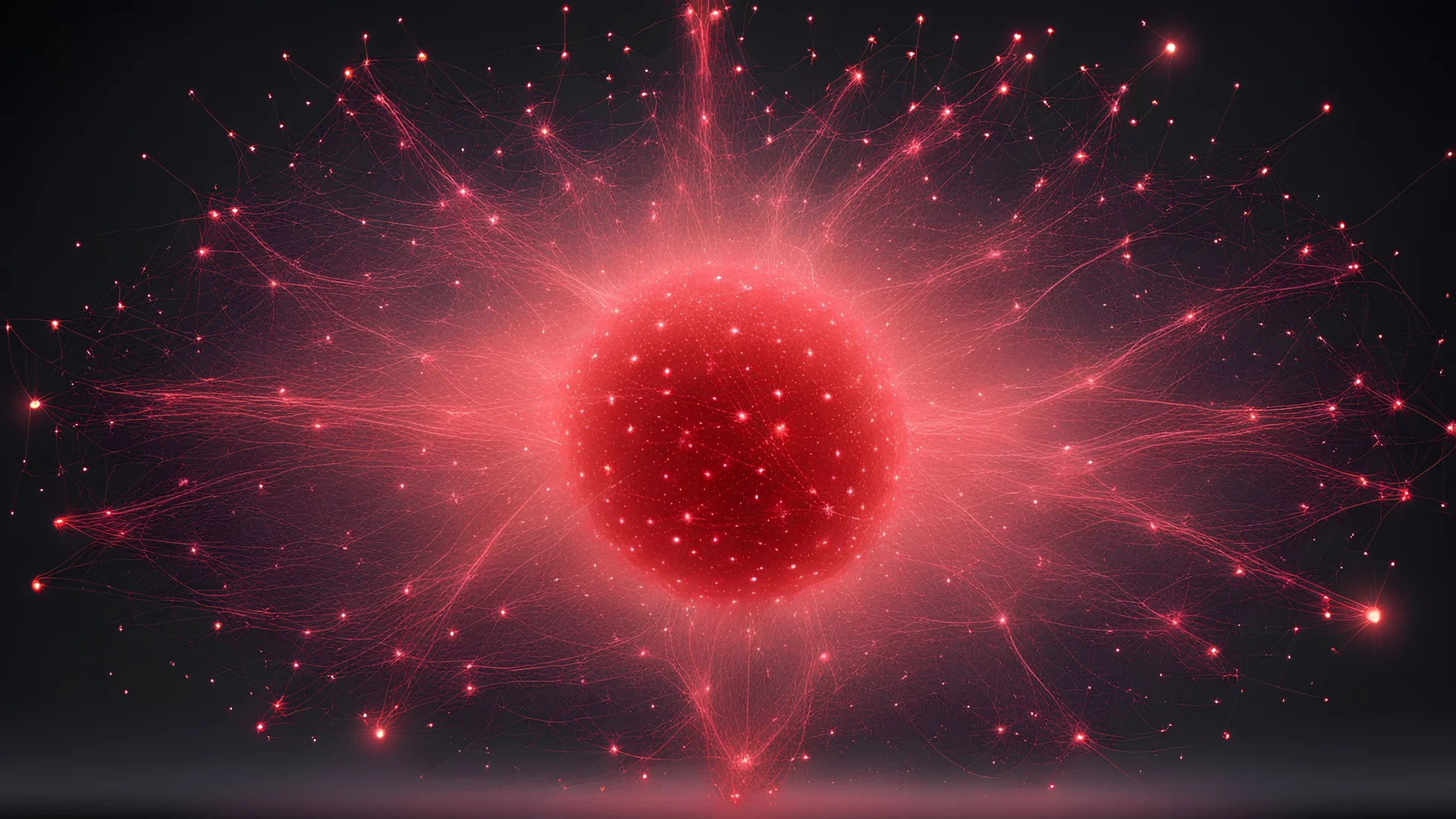"Create a three-dimensional image depicting a central luminous particle in red, surrounded by various smaller luminous spherical particles. These smaller particles should be interconnected by luminous, multicolored lines, forming a mesh extending outwards from the central particle. The lines should also connect with other smaller particles in the vicinity, creating a complex network effect. The rendering should be high-quality to highlight the effects of light and color."