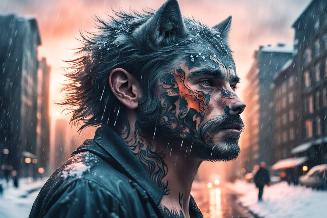 double exposure, Wolf Man, man, city, sunset, snow, rain, wind, fantasy, mystical, tattoo, vertical pupils, high detail, high resolution, 8K