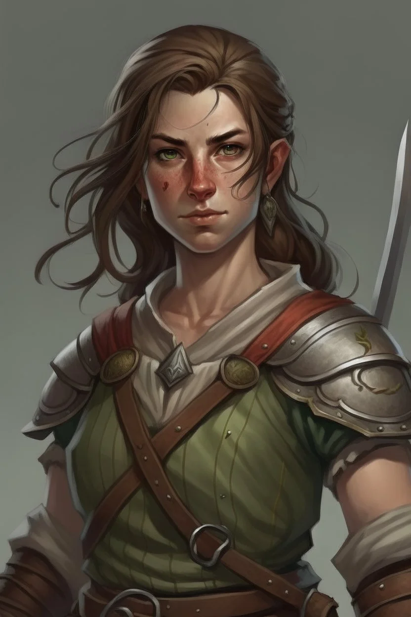 broad female half elf brown hair fighter