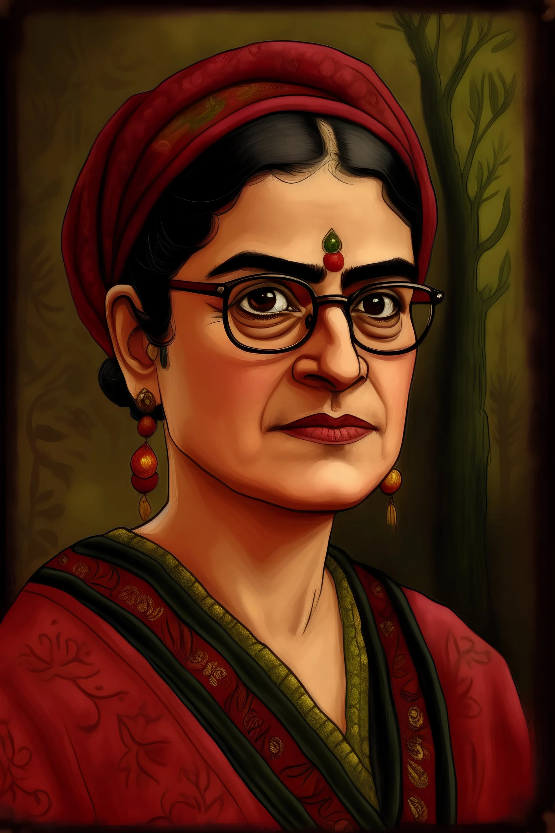 Portrait of Sabeen Habeeb off Coronation Street, in the style of a Frida Kahlo painting.