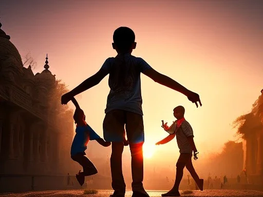 children playing on the Indian street capture them against the sun and make an art silhouette, hyper details, real sharp, 8k, well detailed