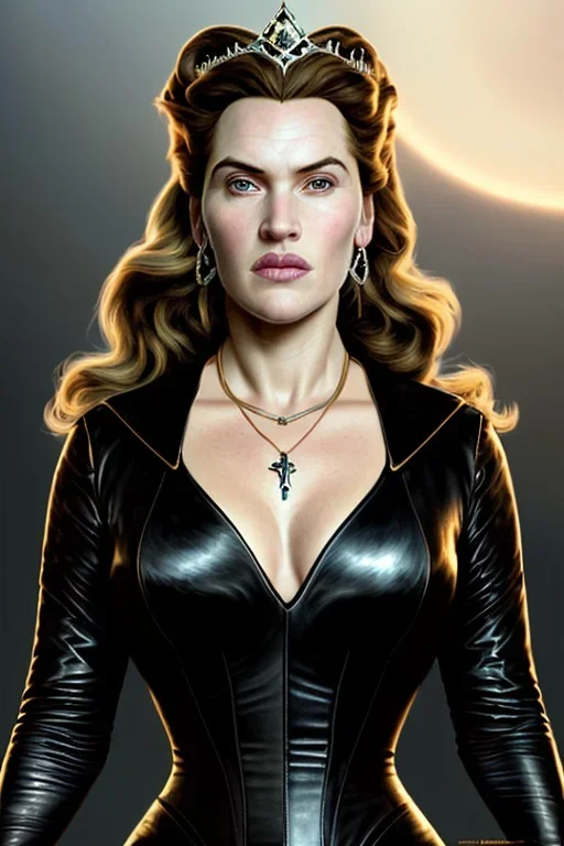 painting of kate winslet as evil queen in black leather gown, feminie, angry, stern look on her face, volouptous, busty, cleavage, emperious, mature, highly detailed, digital painting, artstation, concept art, smooth, sharp focus, illustration, art by gaston bussiere and alphonse mucha