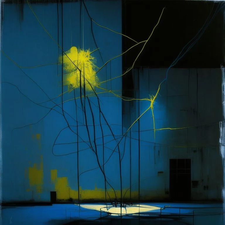 Minimal abstract oil painting of a blue plant in concrete warehouse brutalist architecture and hanging wires illuminated at night. With triadic yellow colours. In the style of Justin Mortimer and Phil Hale, Ashley Wood