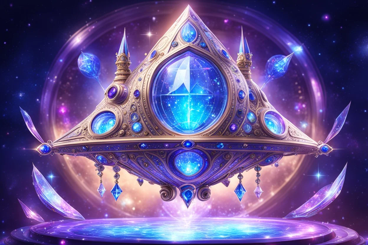 beautiful bright fairy cosmic spaceship with crystal jewel windows and to the bottom magic bluebeam