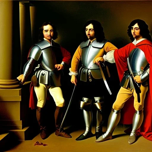 oil portrait of The Three Musketeers and d'artagnan with armor by Jacques-Louis David 8k