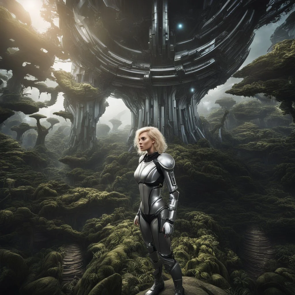 Wide-angle photo of a slim sci-fi woman with blond hair, wearing a silver and black futuristic android-like spacesuit, standing on an alien cloud tree jungle planet