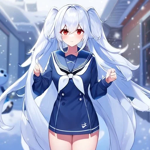 Clear focus,8k,Beatiful Lighting,Detailed,blue long pigtails,fluffy hair, long fluffy bangs, red eyes, wearing a sailor uniform, short skirt, snowy aesthetic